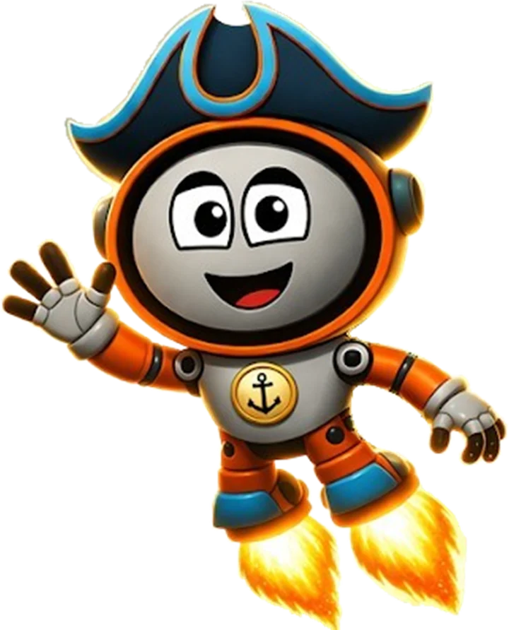 Lumi waving, in his pirate hat and fire boots